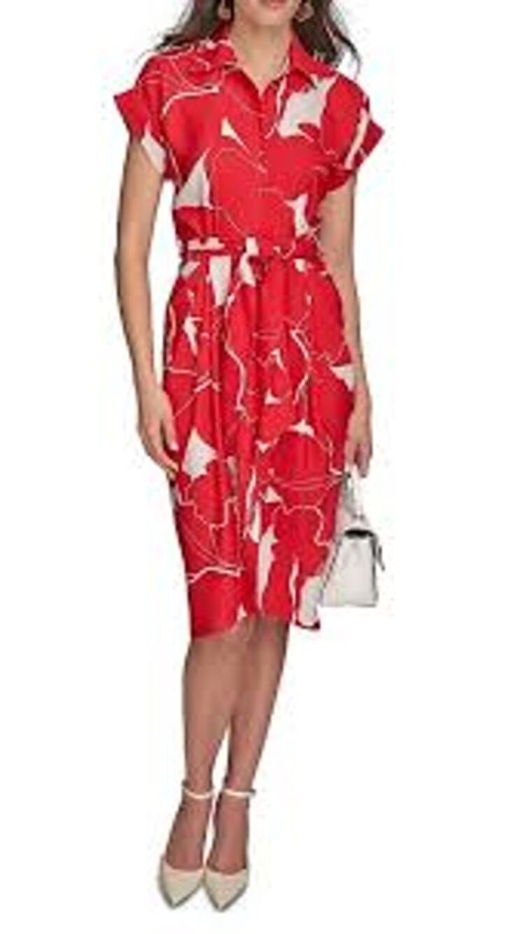 DONNA KARAN Crepe Midi Shirt Dress Printed Button Down Sz 10 M Geranium Belt